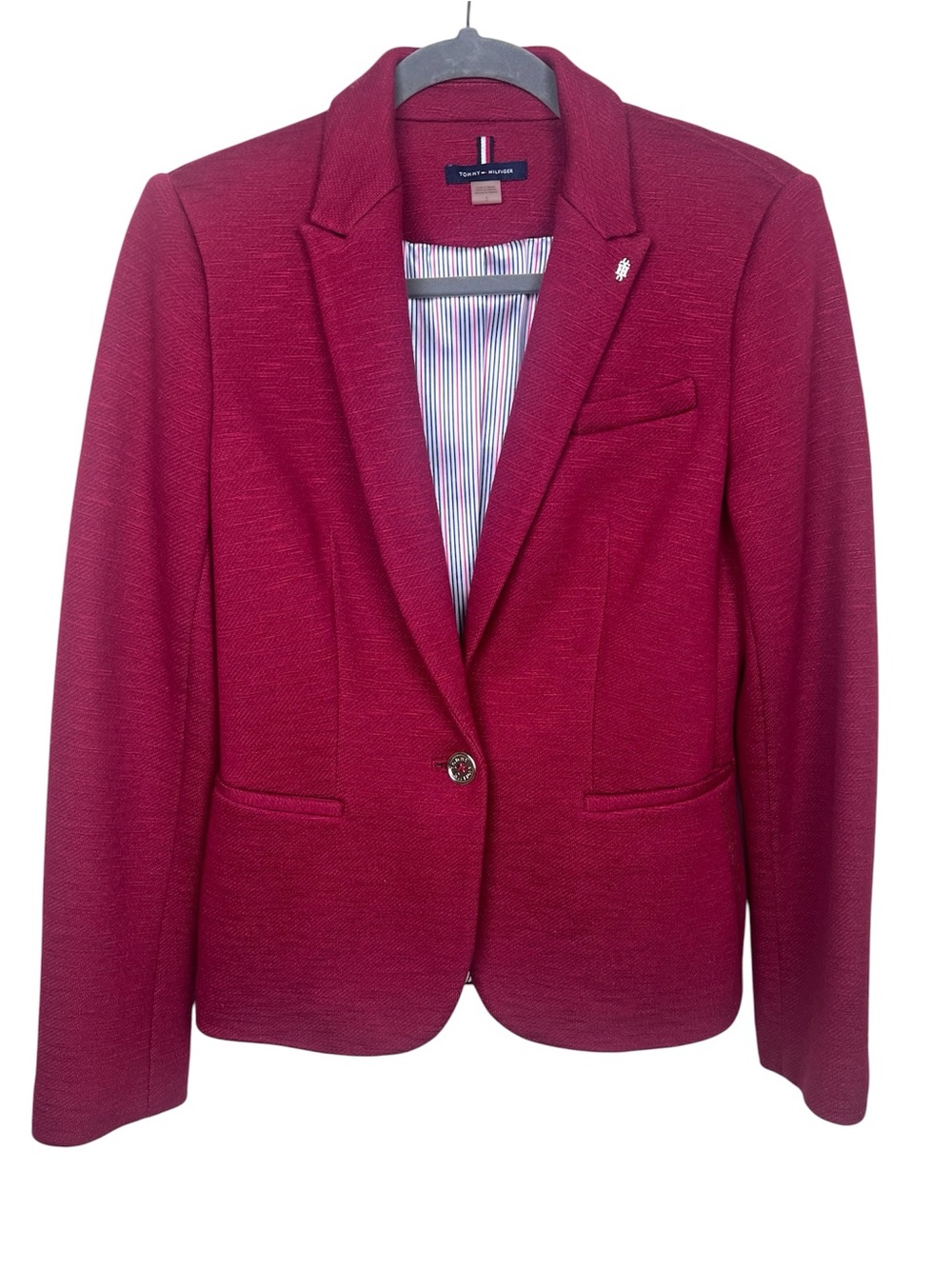 Tommy Hilfiger Red Textured Knit Blazer Jacket Elbow Patches Striped Lining 2